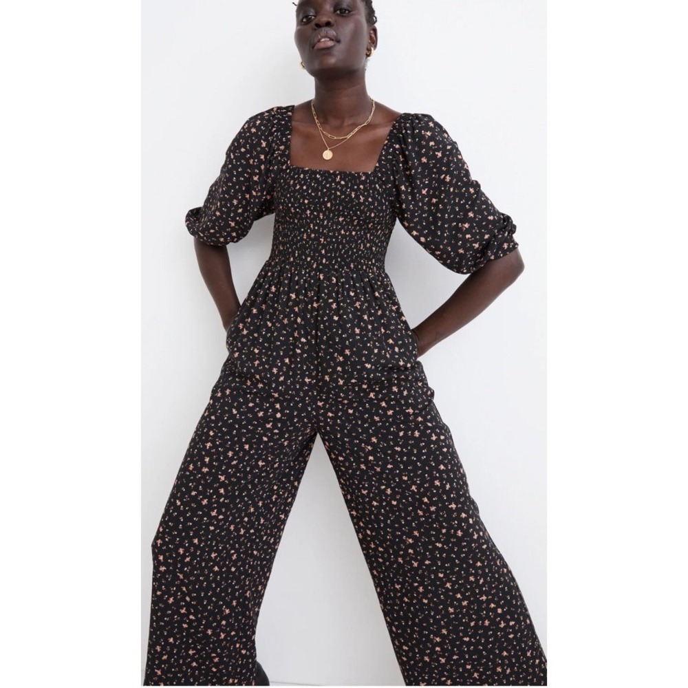 Madewell One Piece Smocked Jumper Pants Pockets 3/4 Balloon Sleeve Size 12 Black